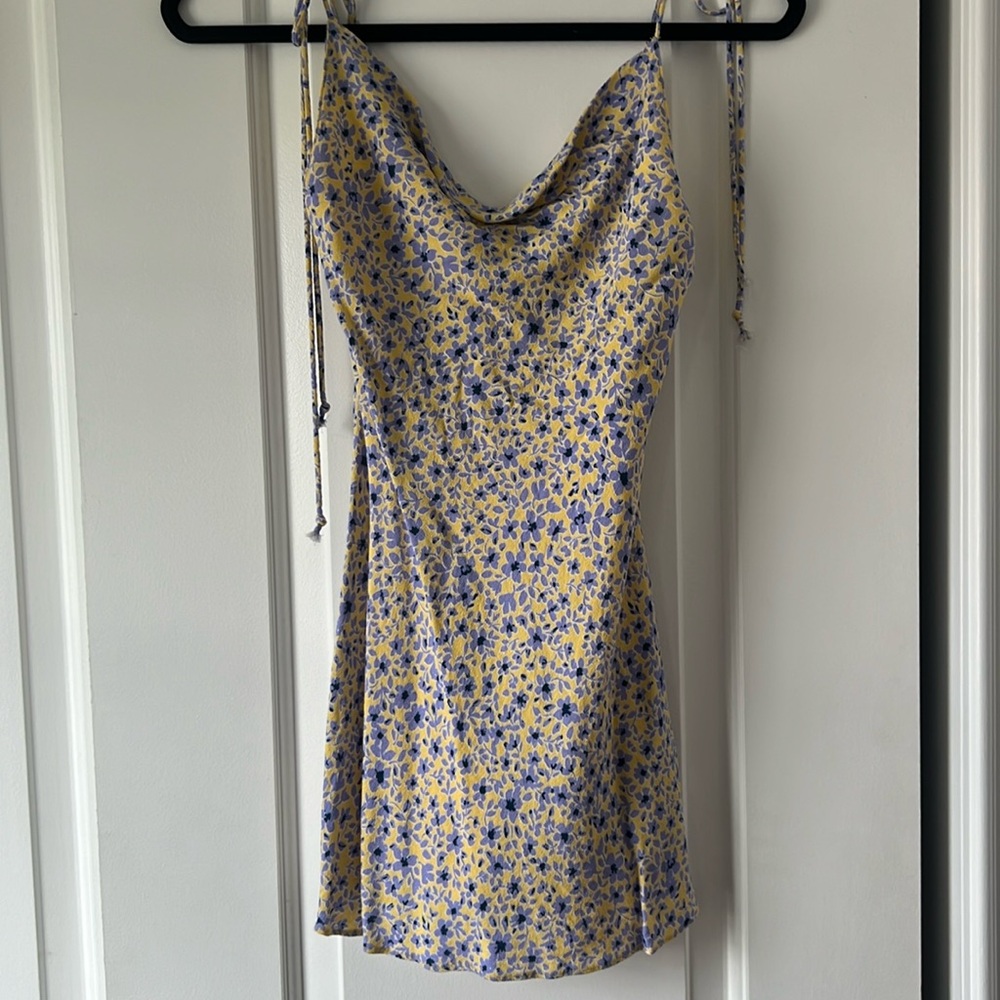 yellow/ purple floral mini flowy dress